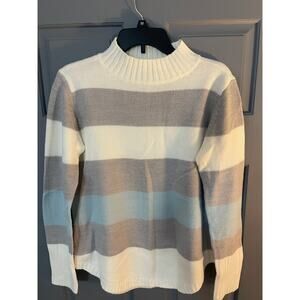 ANA A New Approach Striped Mock Neck Sweater Cream Gray Blue Size Small